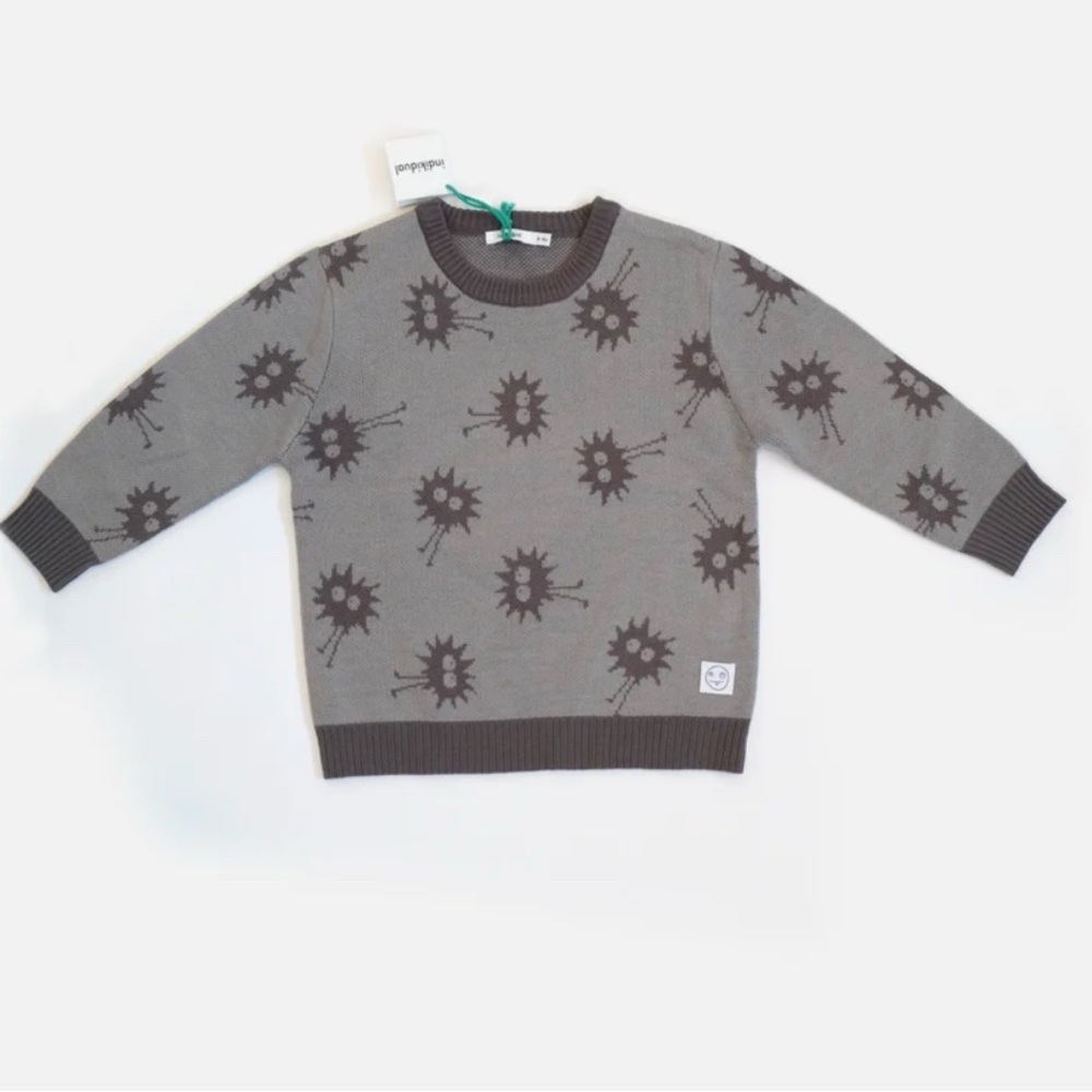 Indikidual Kids Splat Print Knit Sweater Grey Monster Crewneck Size 3-5Y